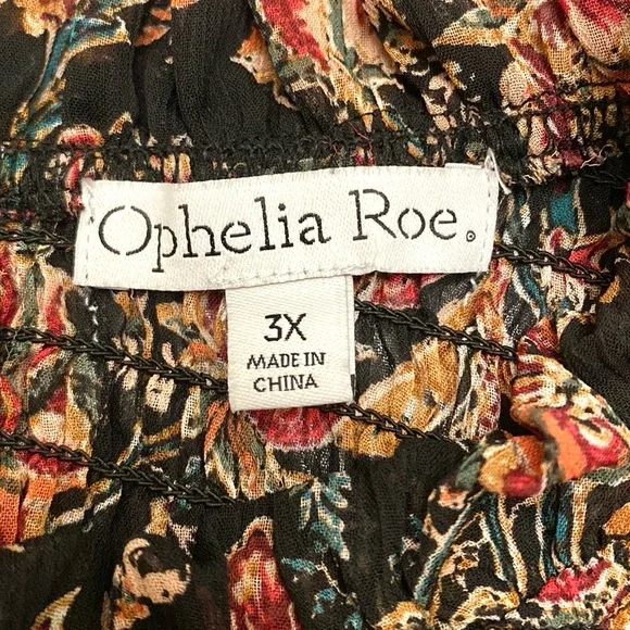 Ophelia Roe Black Red Green Floral Smocked Balloon Sleeve Ruffled Hem Top SZ 3X - Picture 13 of 15
